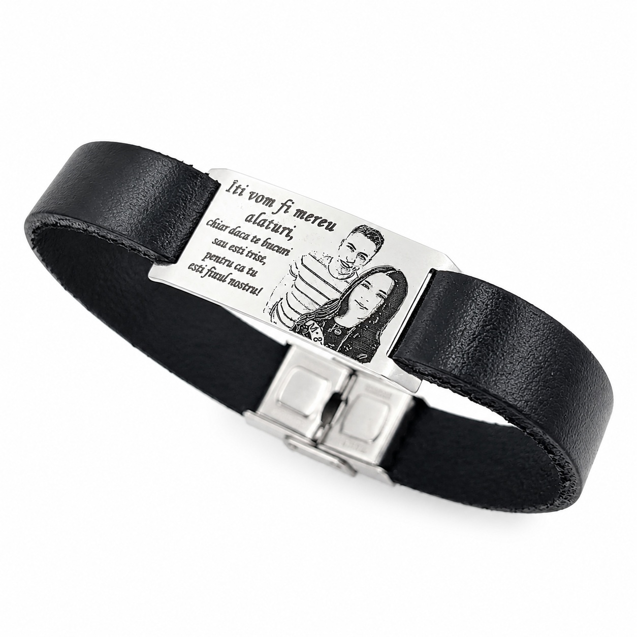 Bratara din piele naturala cu placuta din argint 925 personalizata prin fotogravura/ text ( Inchizatoare din inox )