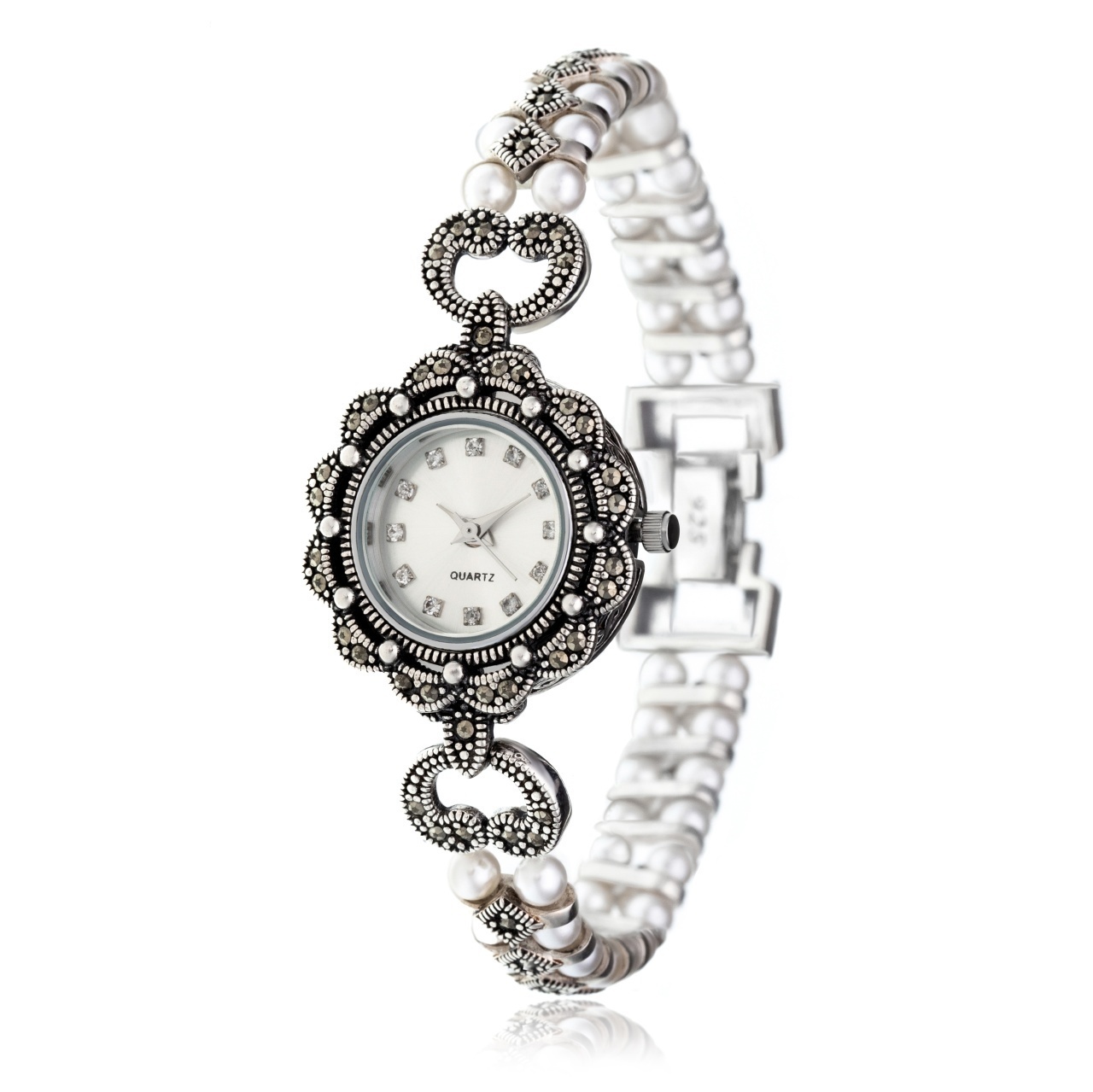 Ceas din Argint 925 cu marcasite si perle 36.98g 19cm