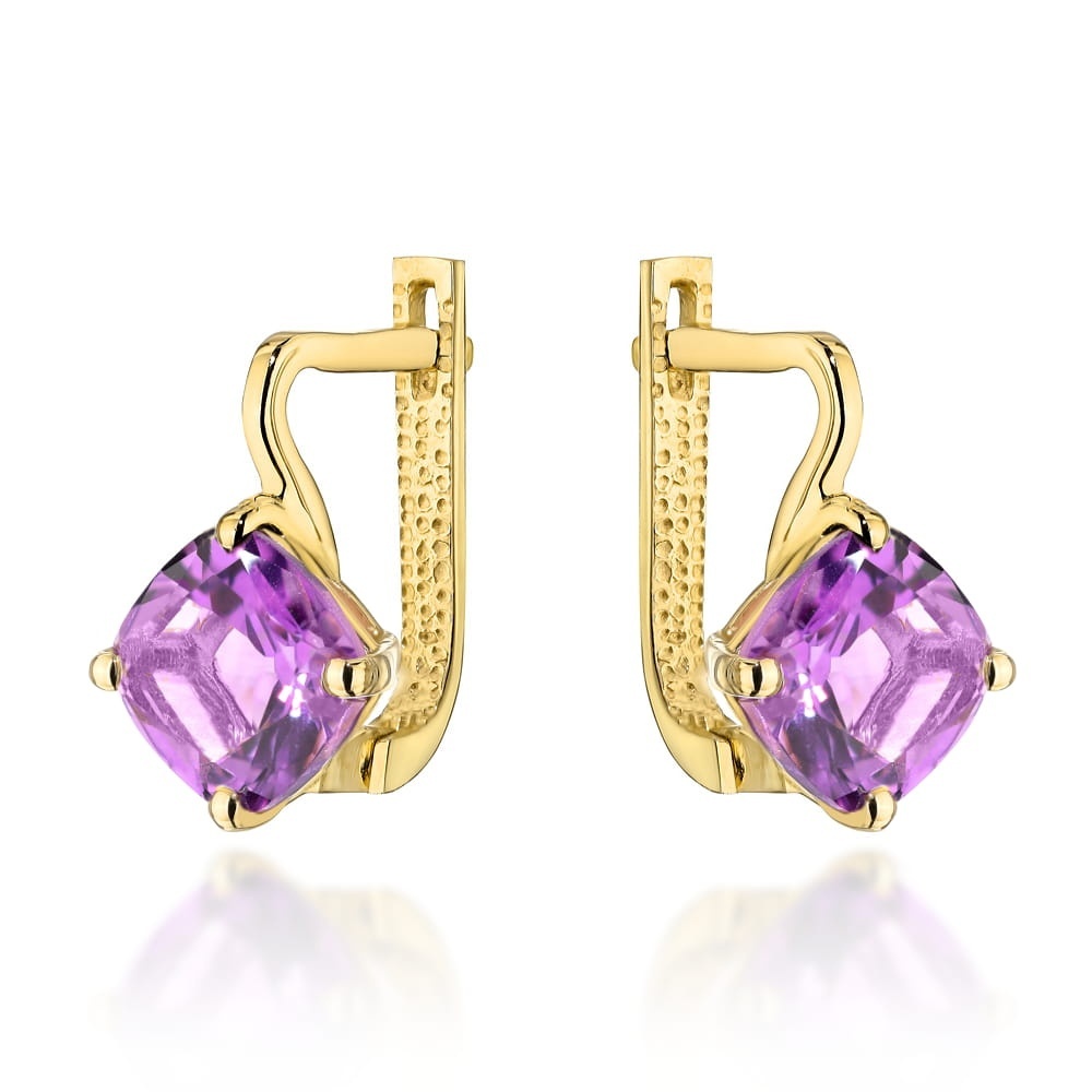 Cercei Aur Galben 14K Cu Ametist Natural Pătrat - Colecția "Colorful Stone"