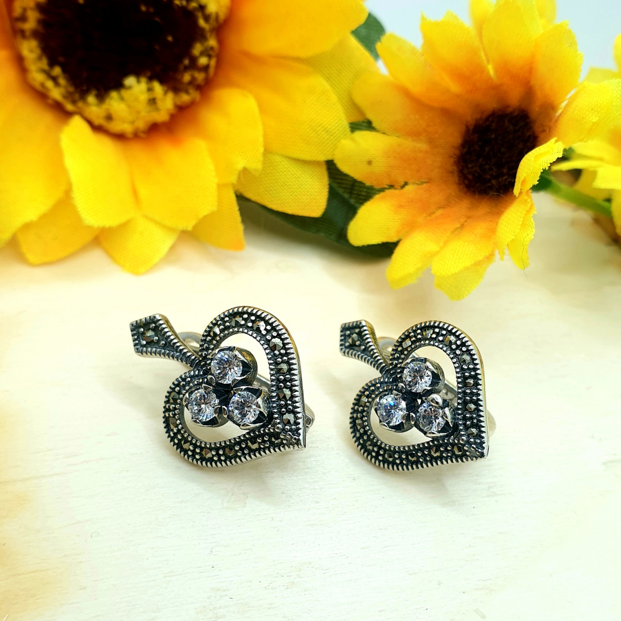 Cercei din Argint 925 si Marcasite 6.4g 2.2cm - Inimioara