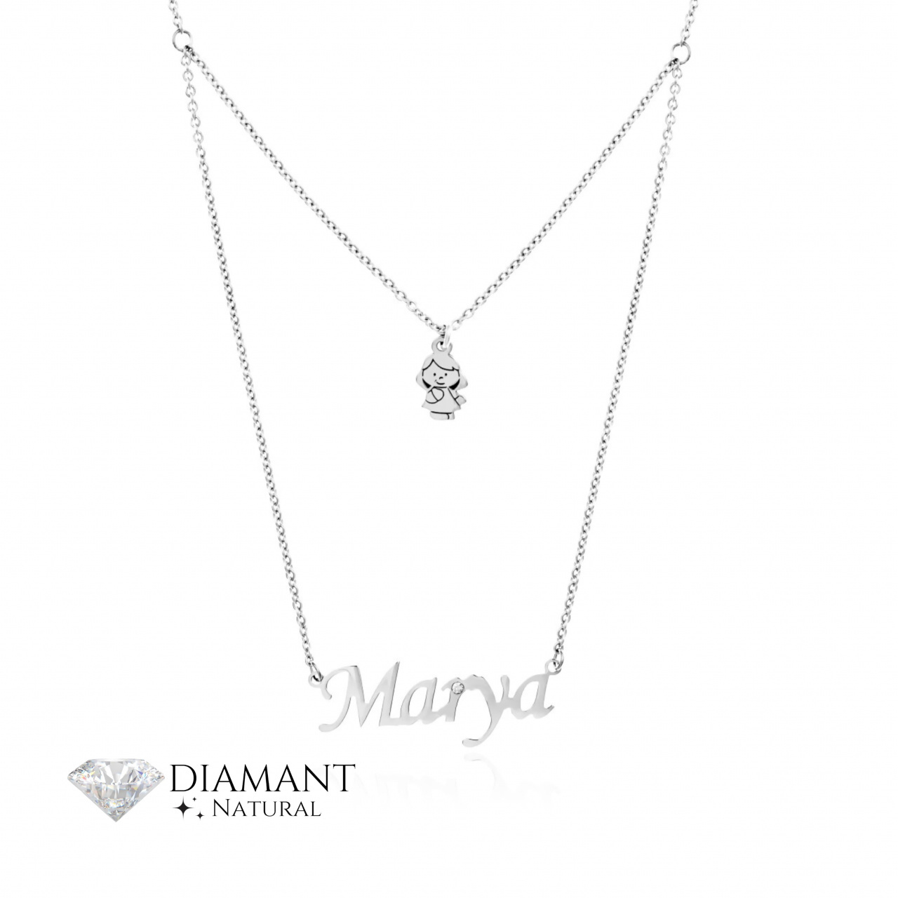 Colier Dublu din Argint personalizabil cu Nume si Diamant Natural - Premium Collection