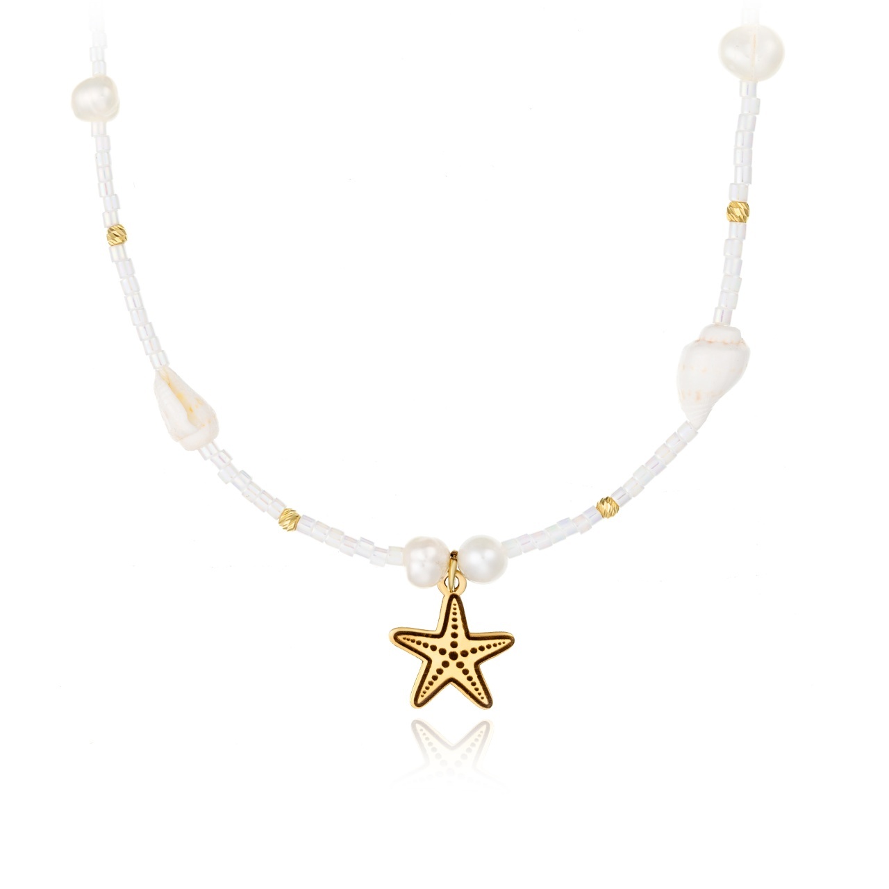 Colier Oasis cu Stea de Mare, scoici si 14 bilute de 2mm din aur de 14K