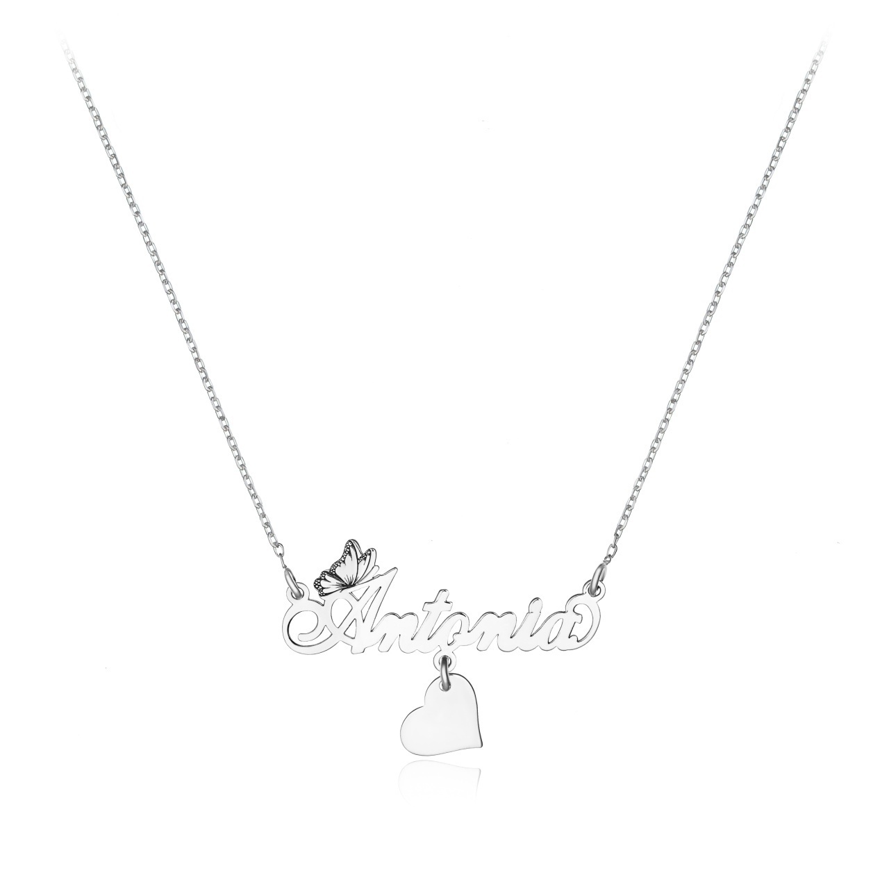 Colier din argint personalizat cu nume, fluturas si charm inimioara