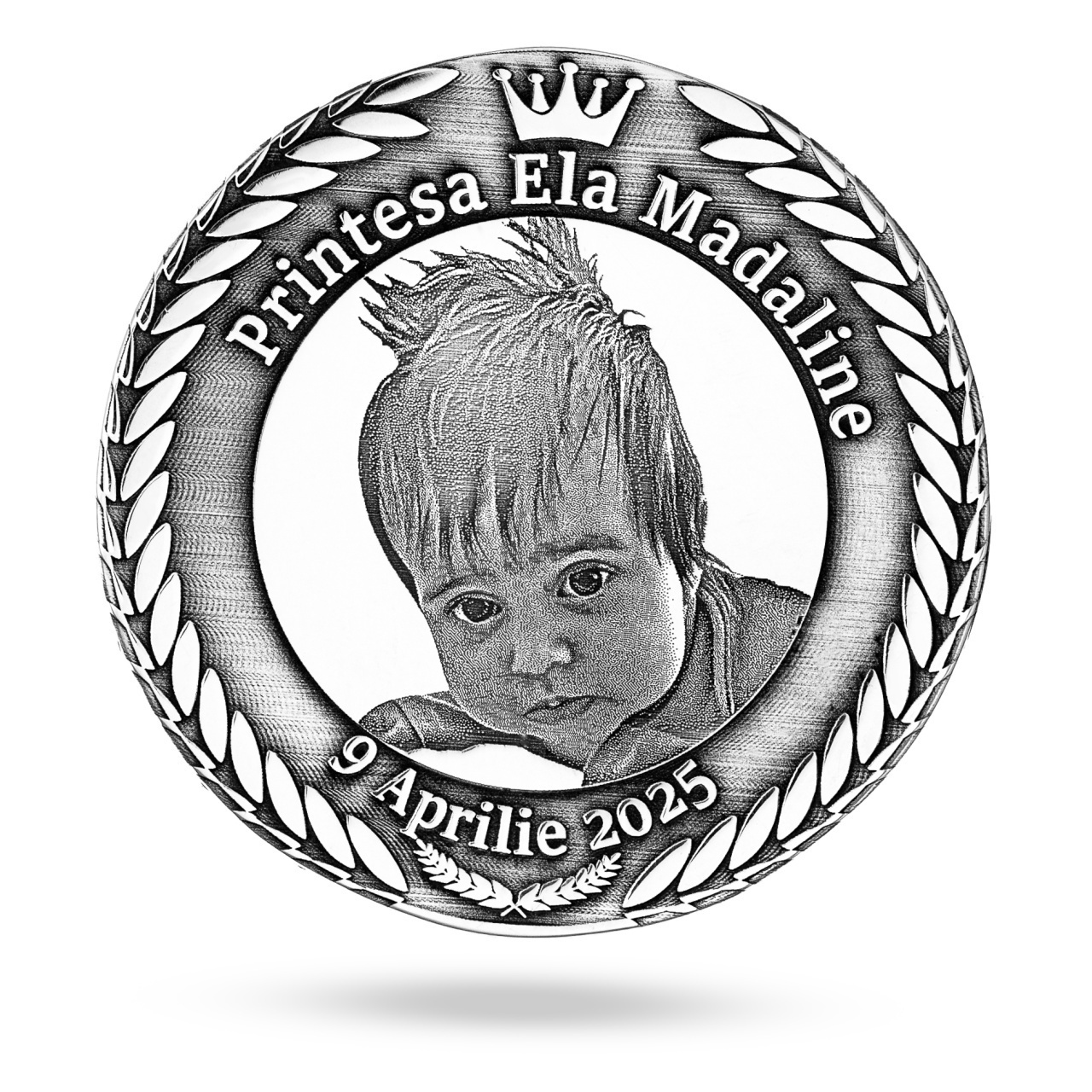 Moneda Botez 3cm din Argint 925 personalizata 3D cu datele copilului si fotogravura