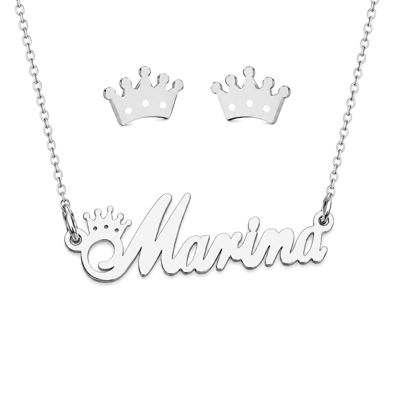 SET Colier din argint personalizat cu nume si cercei cu coronita