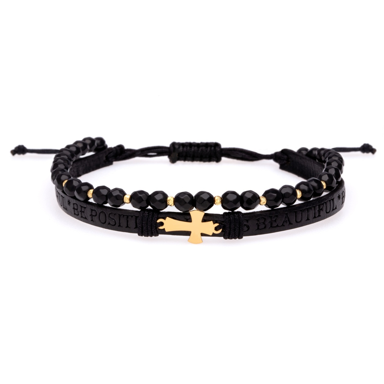 Brățara Cross Onix din AUR 14K si Piele Naturală