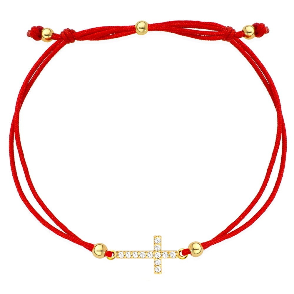 Bratara Snur Rosie Cruce cu Cristale si Bilute- Aur 14k