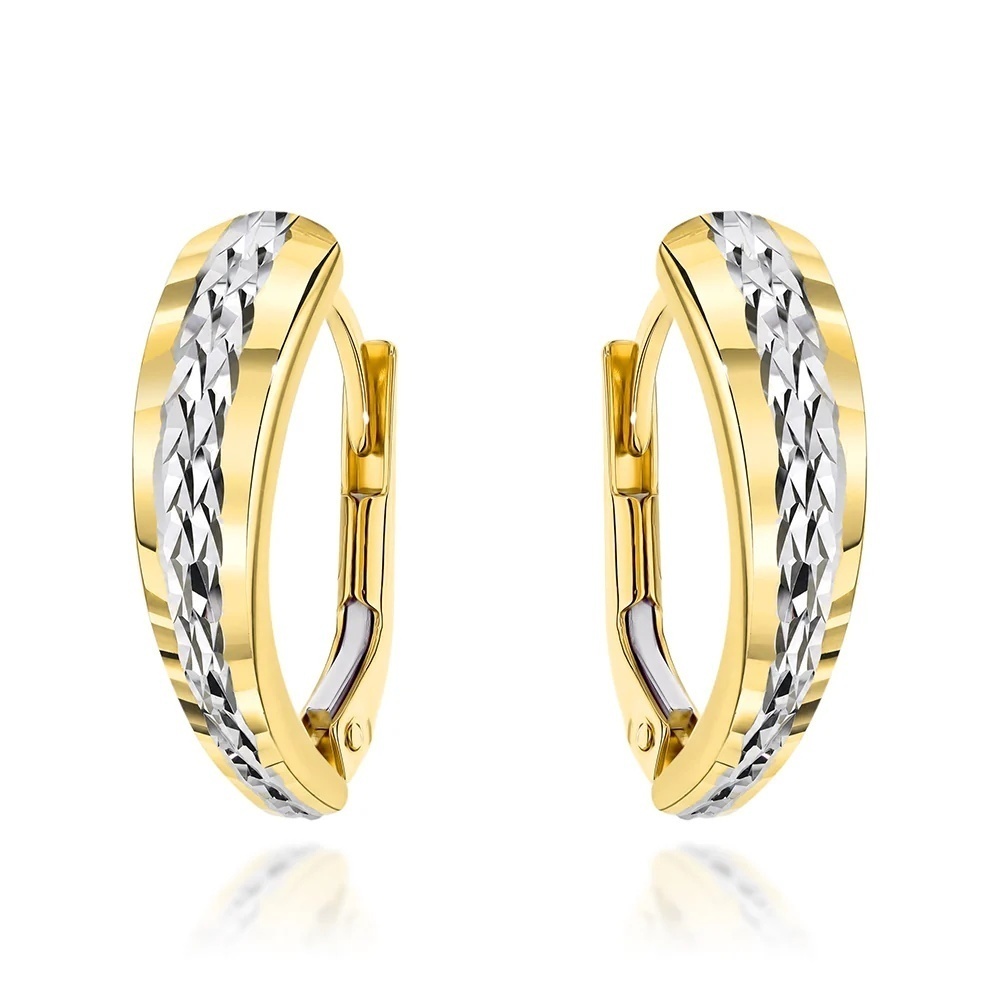Cercei Aur 14K Diamentați cu Model Central din Aur Bicolor