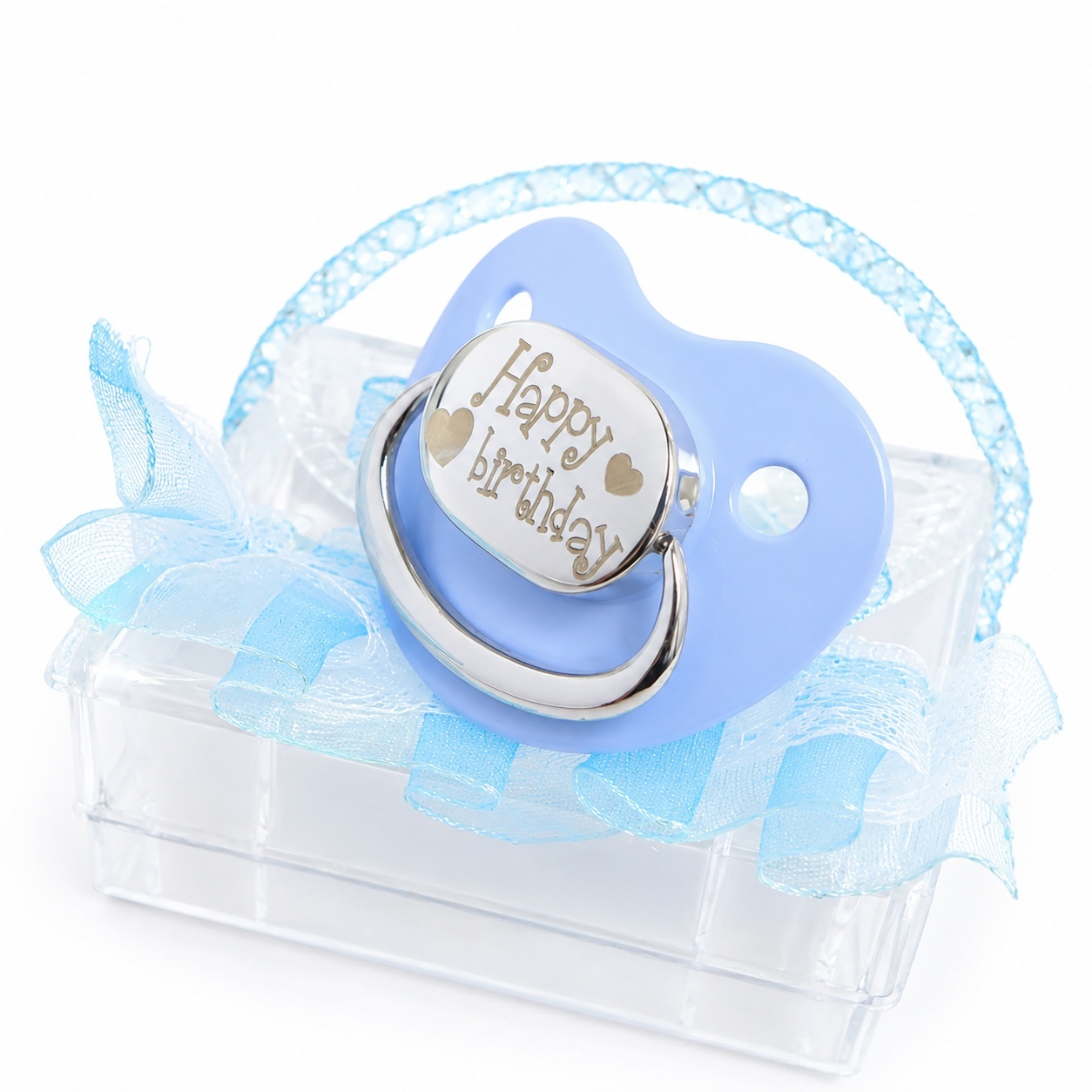 Suzeta Happy Birthday din Argint - pentru baietei