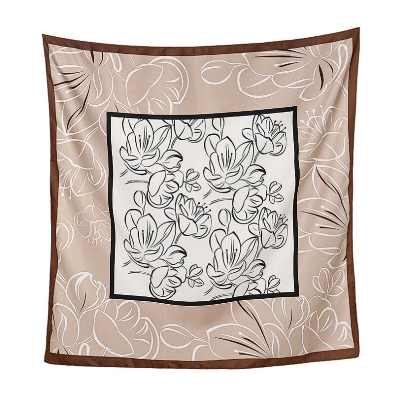 Esarfa din satin Khaki and White Flowers