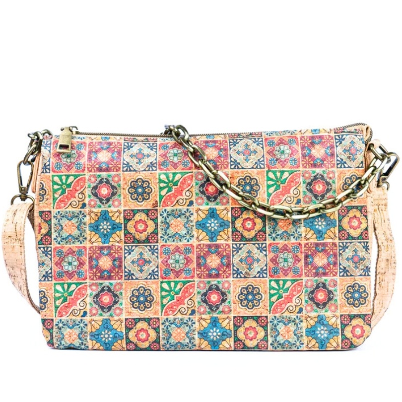 Geanta crossbody din pluta cu imprimeu multicolor