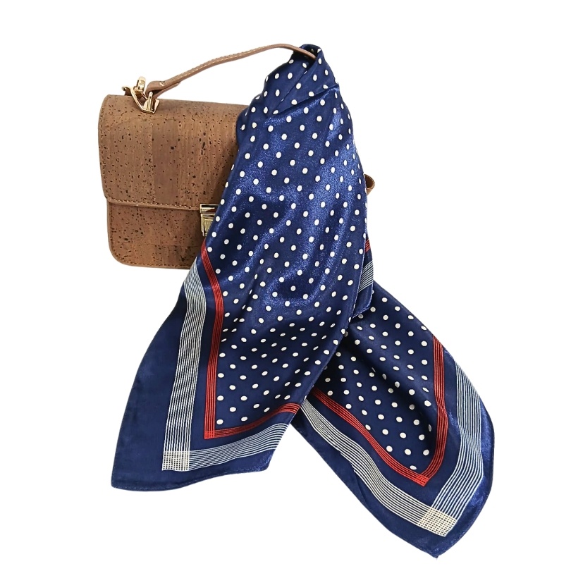 Esarfa patrata din satin bleumarin cu buline