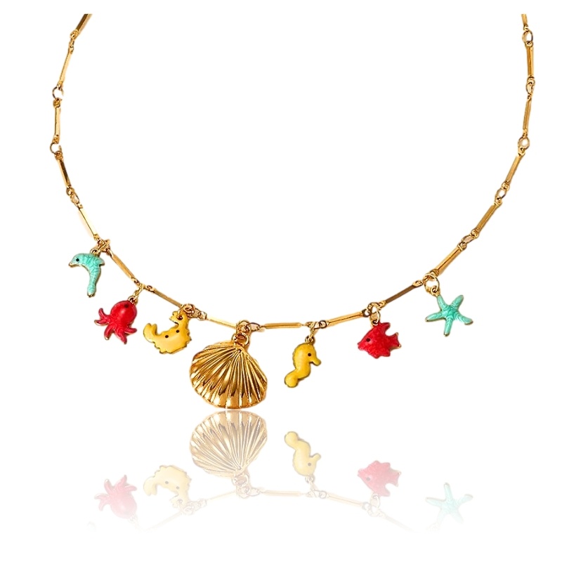 Colier placat cu aur cu charmuri marine multicolore