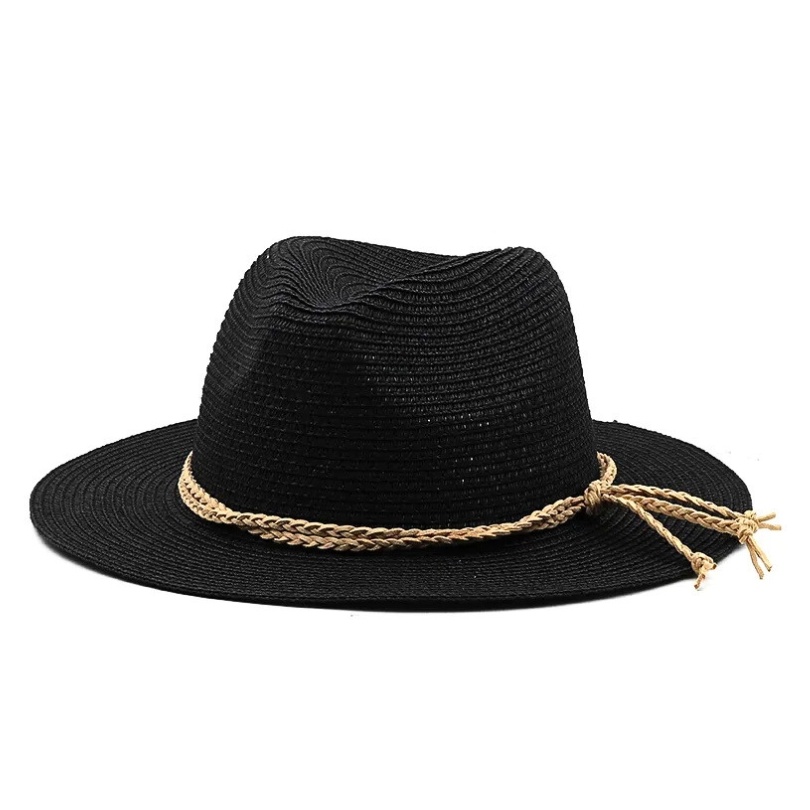 Palarie unisex din rafie neagra cu banda împletita decorativa