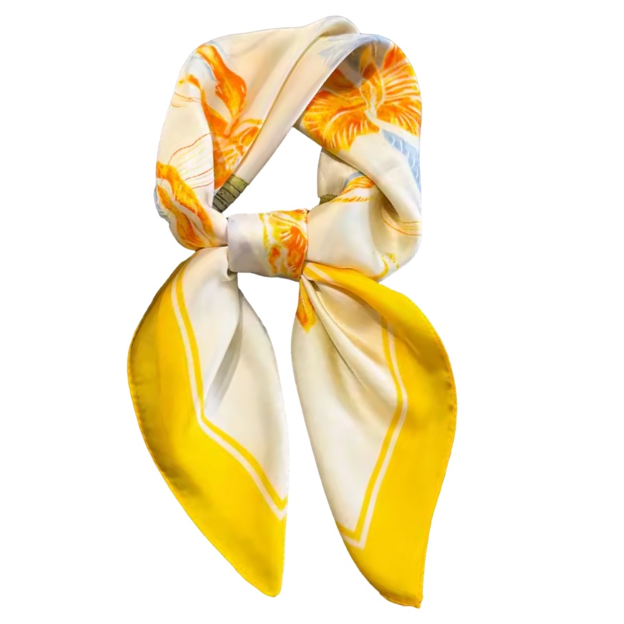 Esarfa satin alba cu imprimeu floral galben