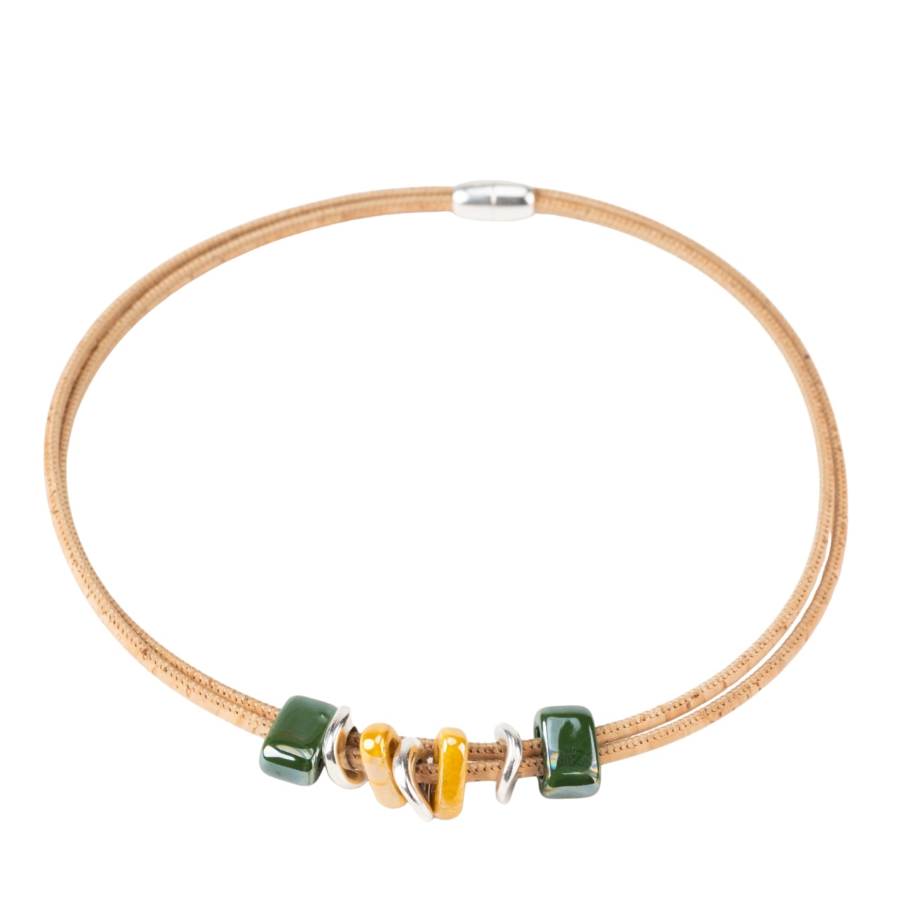 Colier dublu din pluta cu ceramica verde-mustar si elemente metalice
