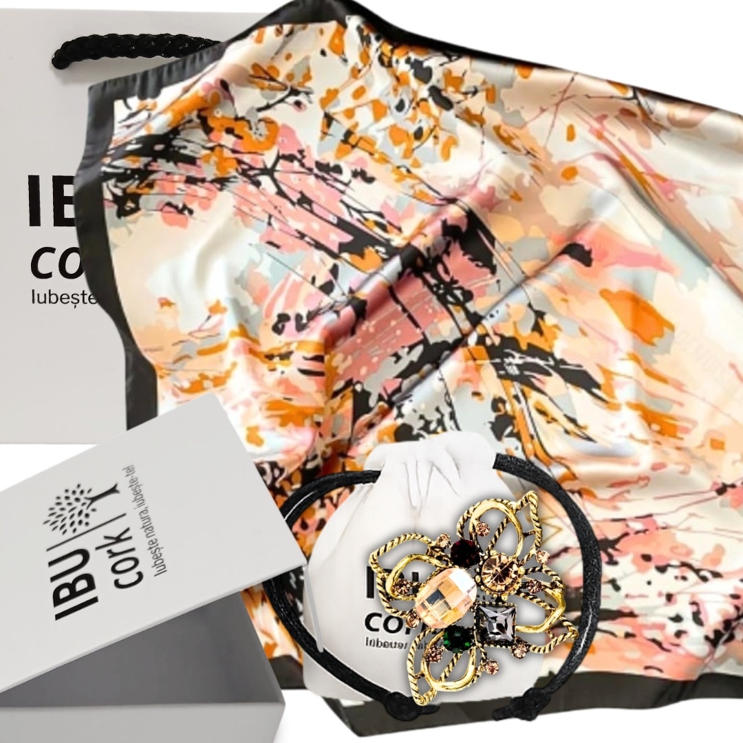 Set cadou esarfa satin abstract cu brosa eleganta