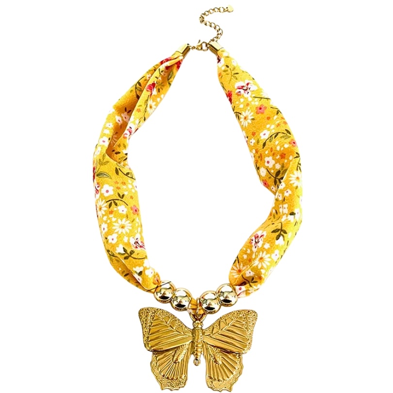 Colier cu pandantiv fluture placat cu aur si material textil floral