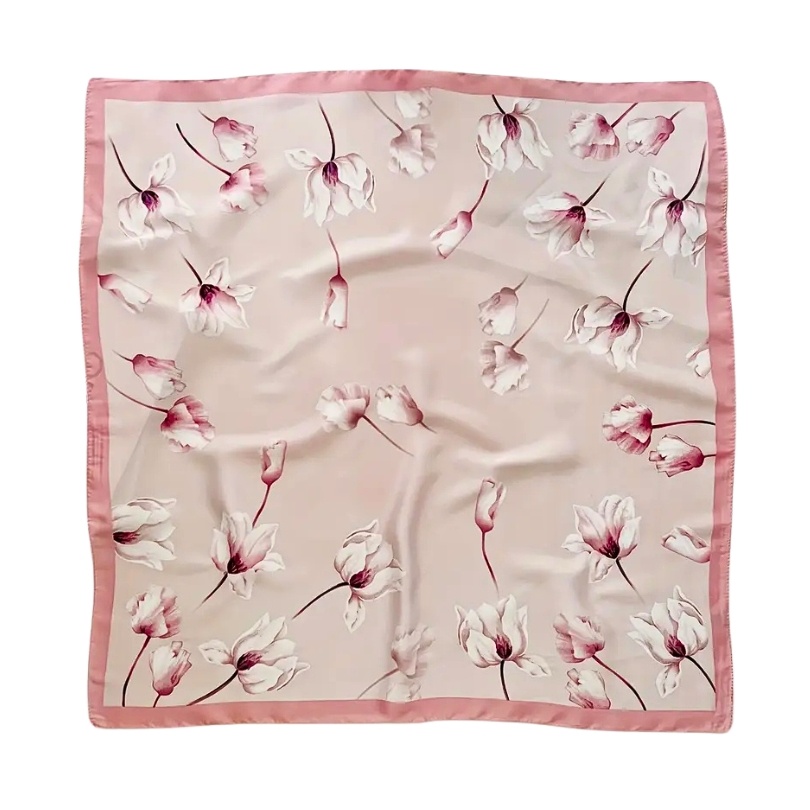 Esarfa din satin roz cu flori de magnolie