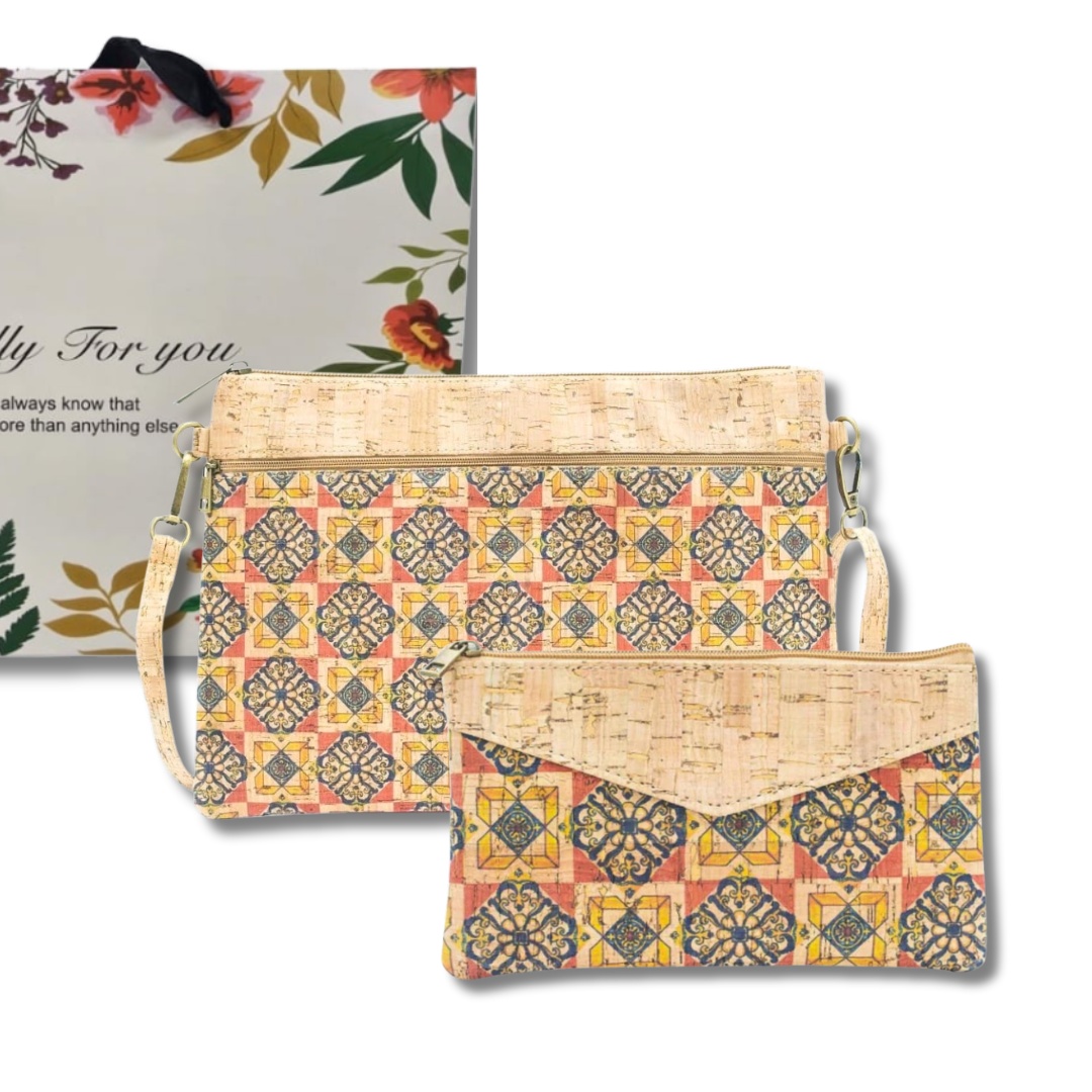 Set cadou geanta si portfard din pluta cu imprimeu mozaic portughez
