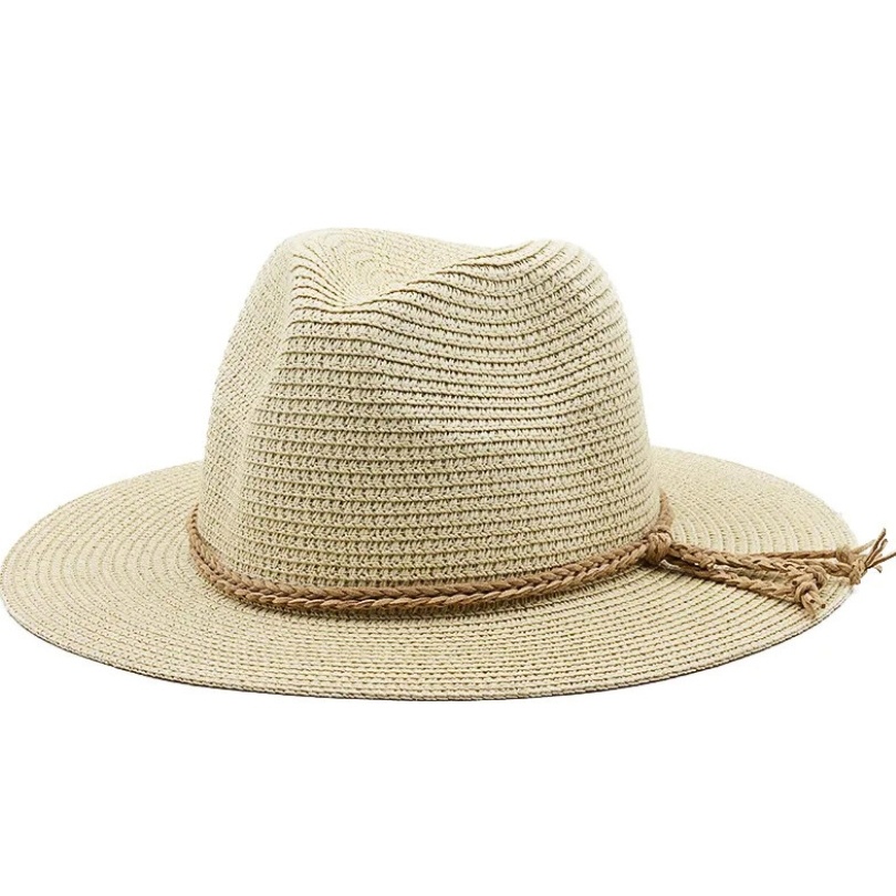 Palarie unisex din rafie bej cu banda împletita decorativa