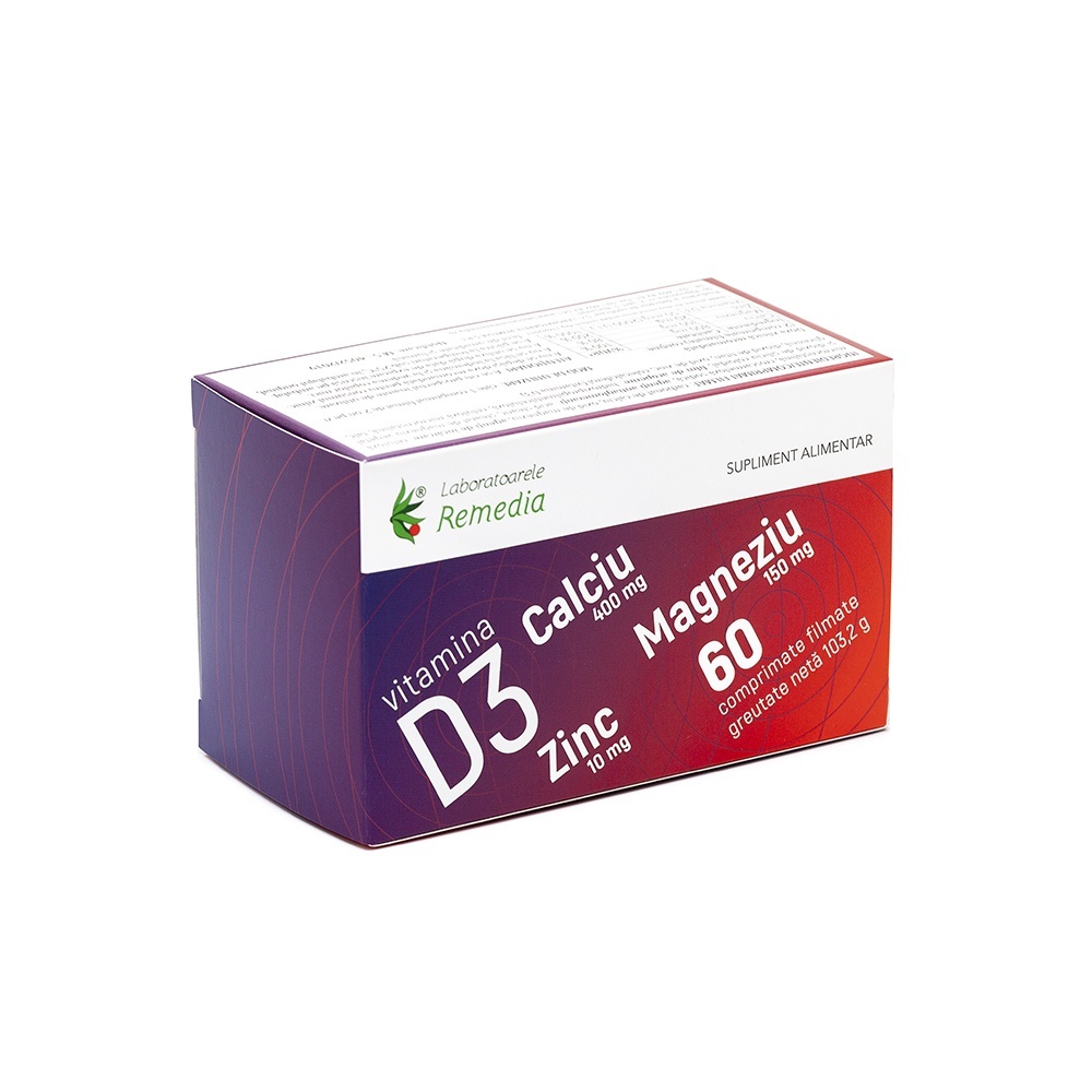 Calciu Magneziu Zinc + Vitamina D3, 60 comprimate filmate, Laboratoarele Remedia