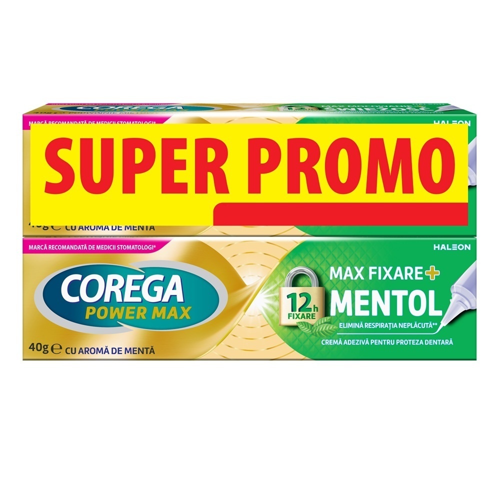 Corega Max Fixare + Mentol Cremă Adezivă pentru Proteză Dentară, Pachet 2 x 40 g