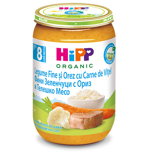 Hipp eco orez cu morcov si vitel, 190g