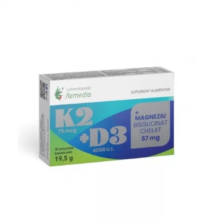 Laboratoarele Remedia K2 + D3 + magneziu bisglicinat chelat, 30 comprimate