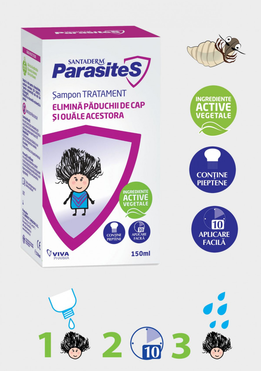 Sampon parasites tratament paduchi, 150ml + pieptene cadou, santaderm