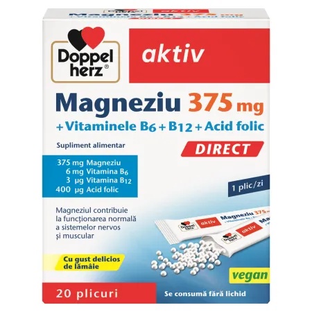 Doppelherz Magneziu 375 mg Direct + Vitaminele B6, B12 si Acid folic, 20 plicuri