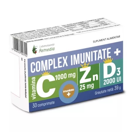Laboratoarele Remedia Complex Imunitate cu vitamina C 1000 mg, zinc 25 mg si vitamina D3 2000 UI, 30 comprimate