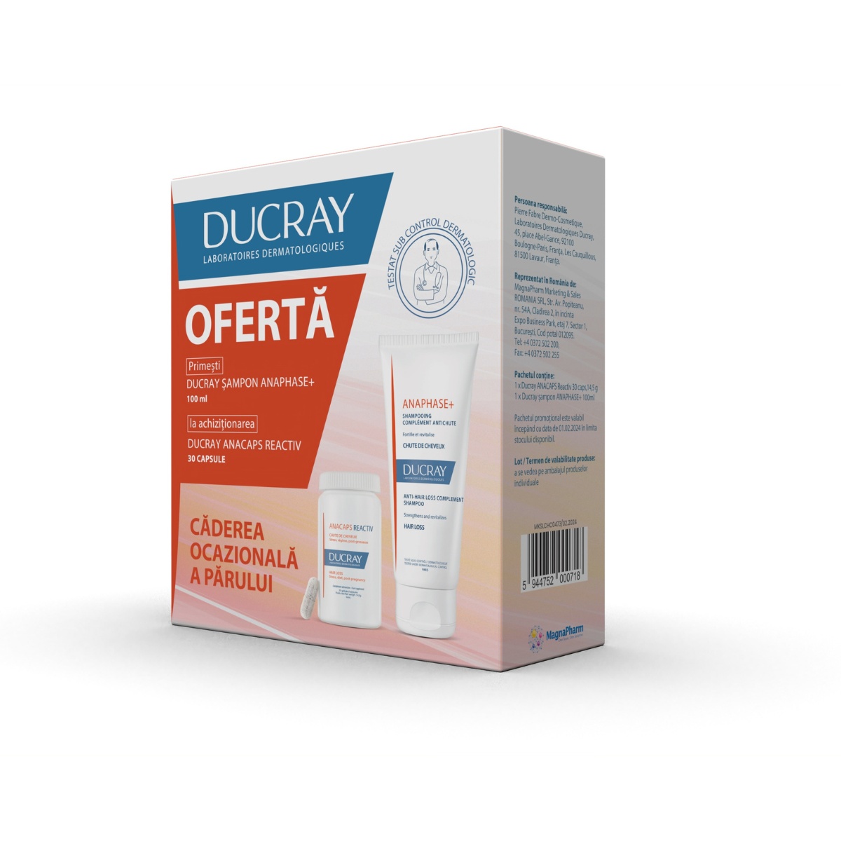 Pachet anacaps reactiv, 30 capsule + sampon fortifiant si revitalizant anaphase, 100 ml, ducray
