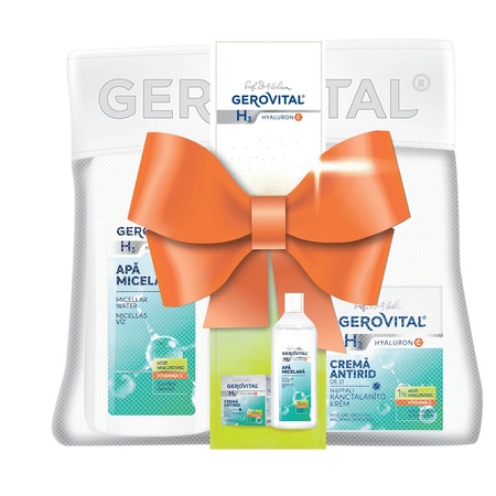 Pachet Cremă antirid de zi H3 Hyaluron C, 50 ml + apă micelară H3 Hyaluron C, 400 ml, + Borsetă, Gerovital