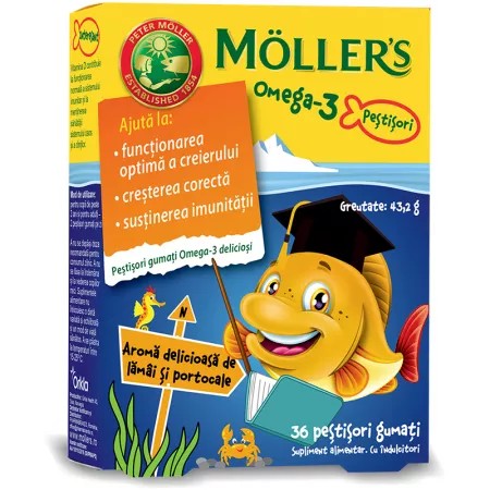 Pestisori gumati cu omega 3, aroma portocale, 36 jeleuri, mollers