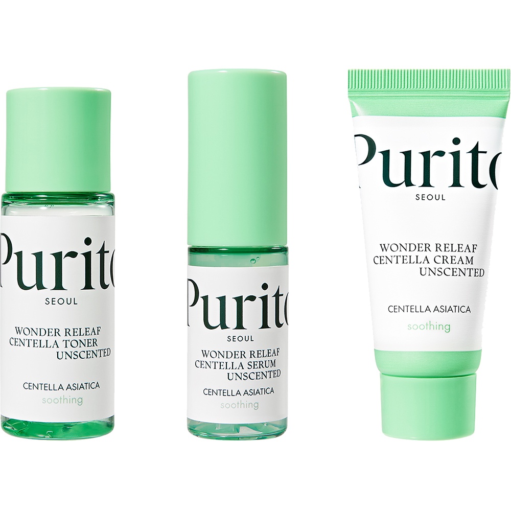 Purito Wonder Releaf Centella Unscented Mini Kit: toner 30 ml, ser 15 ml, crema 15 ml