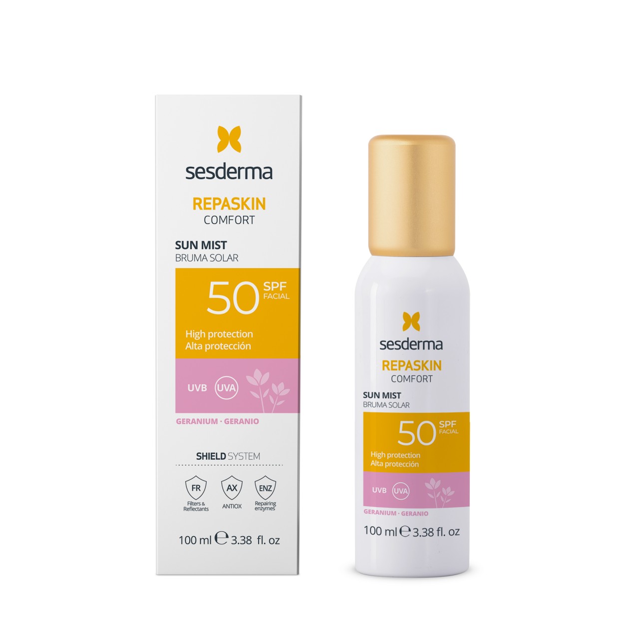 Sesderma Repaskin Comfort Mist Solar Geranium SPF 50, spray solar transparent, 100 ml