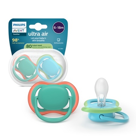 Suzeta Ultra Air Pacifier Philips Avent, Albastru/Verde, 6-18 luni, SCF087/10, 2 bucăți, Philips