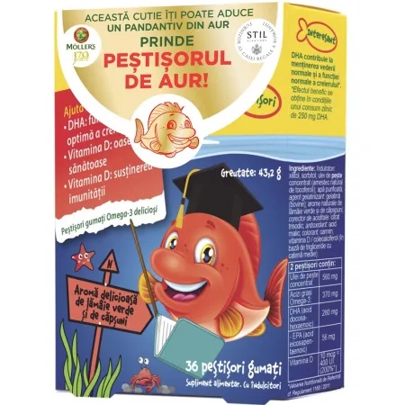 Moller's pestisori gumati cu Omega-3, lamaie verde si capsuni, 36 jeleuri