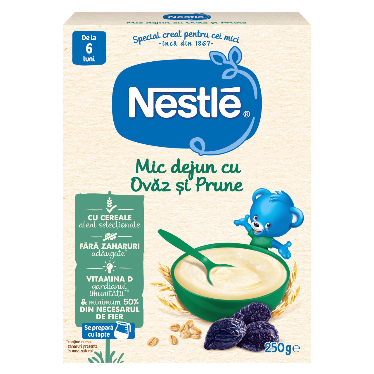 Nestle Ovaz și Prune, 250g - Mic Dejun Sănătos pentru Bebeluși 6+ Luni