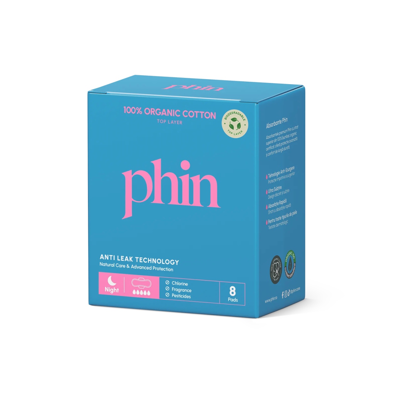 Phin absorbante de noapte din bumbac organic, flux intens, 8 buc