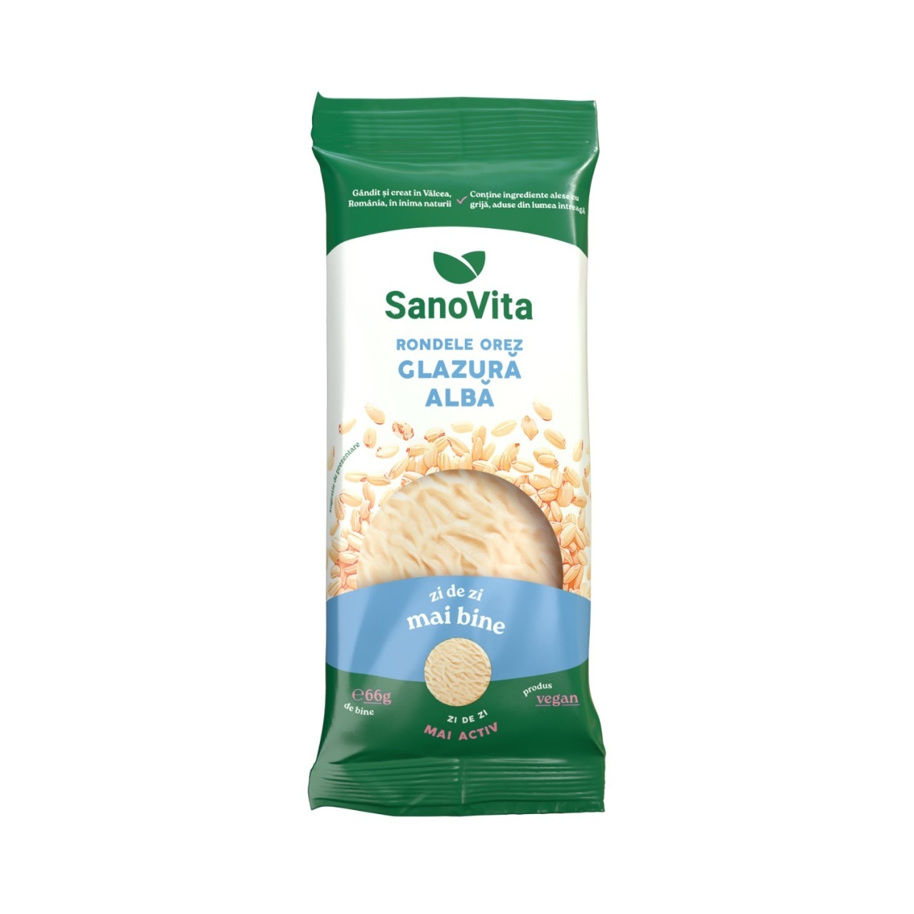 Sanovita Rondele din Orez Expandat cu Glazură Albă, 66 g
