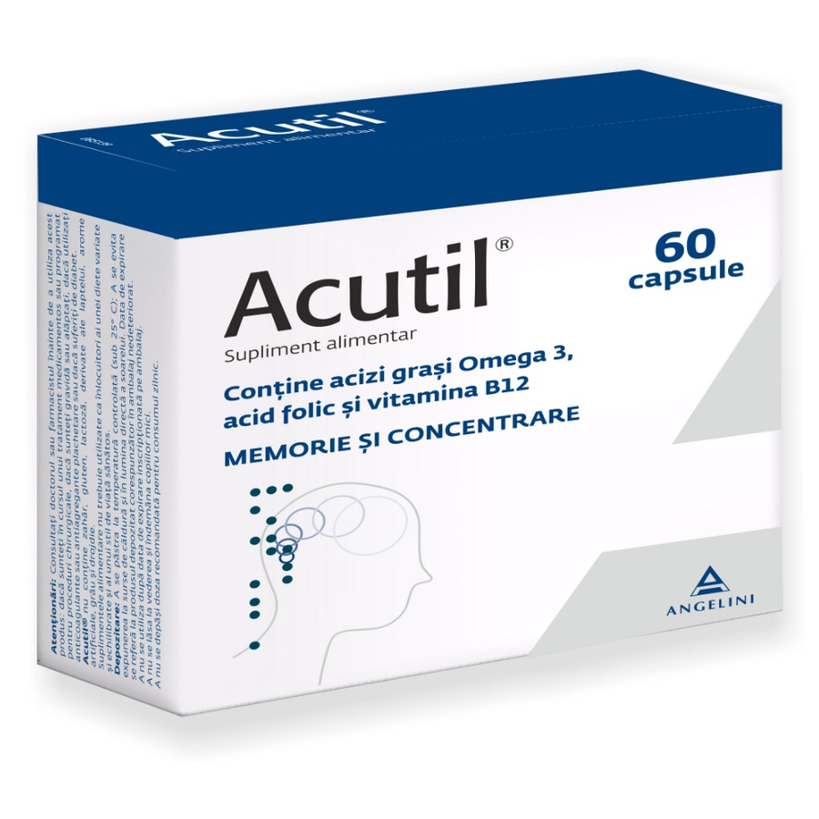 Acutil cu Omega 3 DHA, Ginkgo biloba și Fosfatidilserină, 60 capsule, Angelini