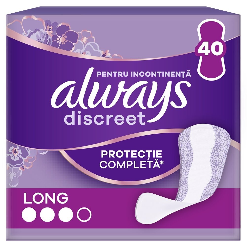 Always Discreet Liners Long Absorbante Zilnice pentru Pierderi Urinare, 40 bucăți