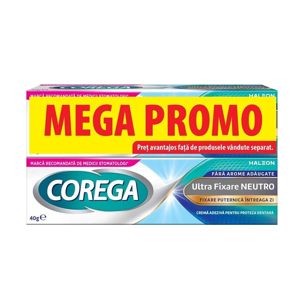 Corega Ultra Fixare Neutro Cremă Adezivă pentru Proteză Dentară, Pachet 2 x 40 g