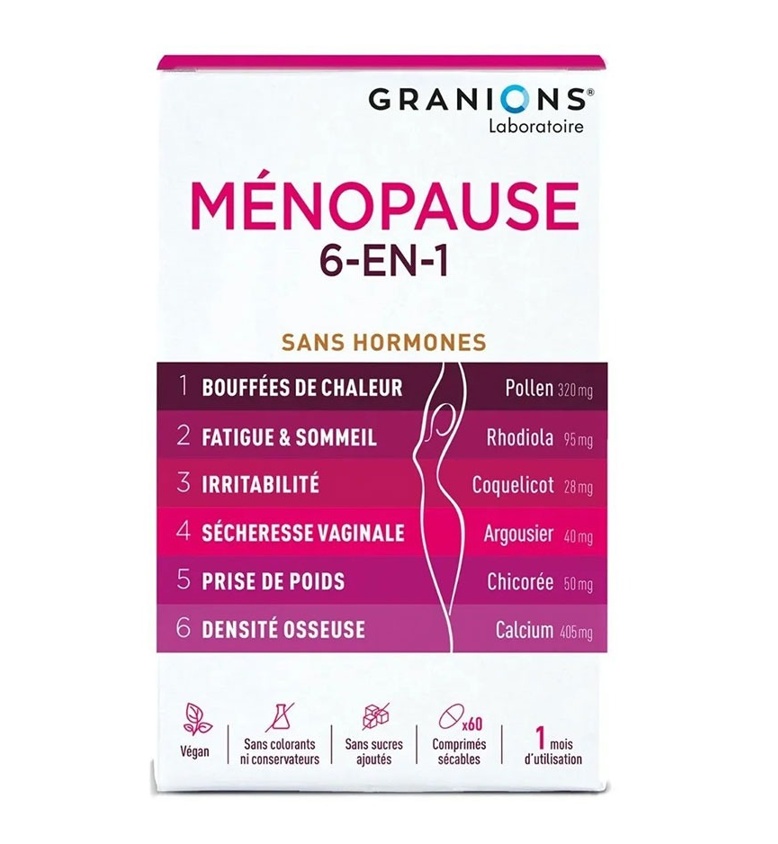 Granions Menopause 6 in 1 cu rodiola, bujor, catina, acid hialuronic, vitamine si minerale, 60 comprimate