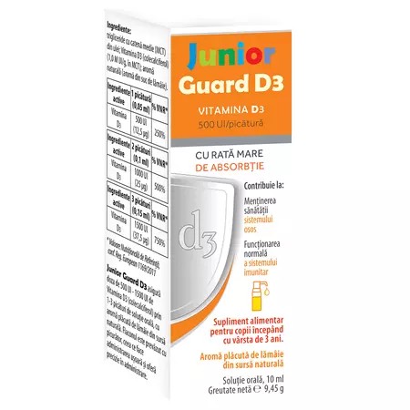 Junior Guard D3 picaturi cu vitamina D3 500 UI, aroma de lamaie, 10 ml