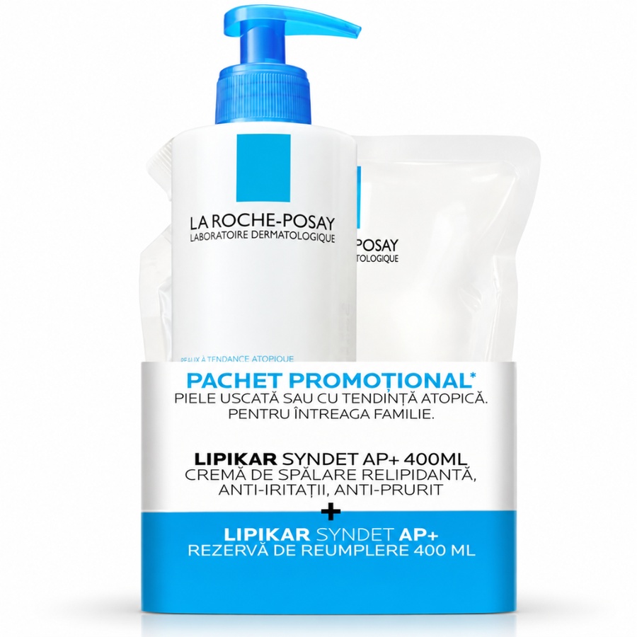 Pachet Cremă de spălare relipidantă + Rezervă ecologică Lipikar Syndet AP+, 2x400 ml, La Roche-Posay