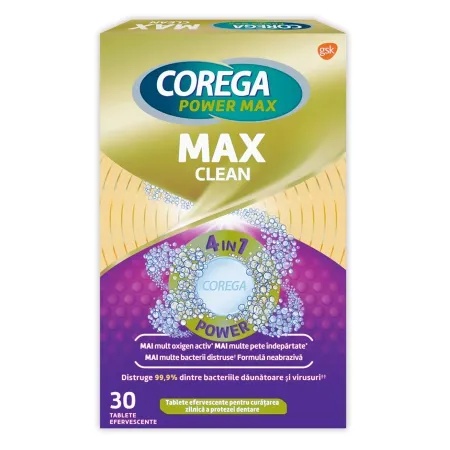 Tablete efervescente pentru curatare Corega Max Clean, 30 tablete