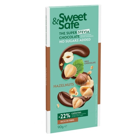 Ciocolată cu lapte cu alune de pădure și Stevia, 90 g, Sweet & Safe